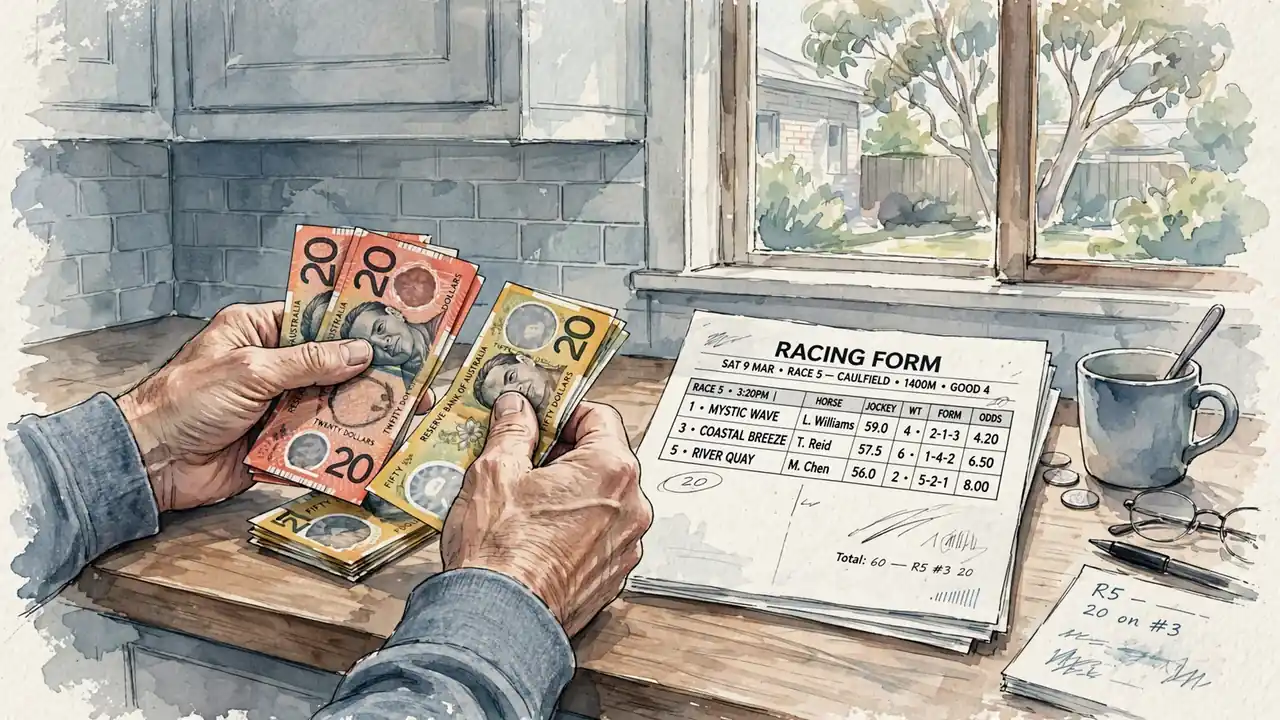 Hands counting cash next to a printed racing form